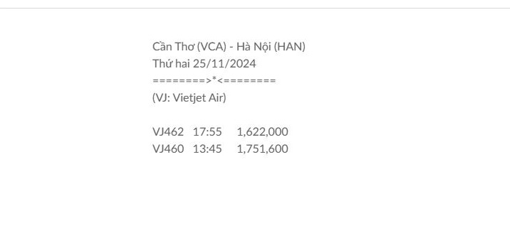 Cần Thơ (VCA) - Hà Nội (HAN) Thứ hai 25/11/2024