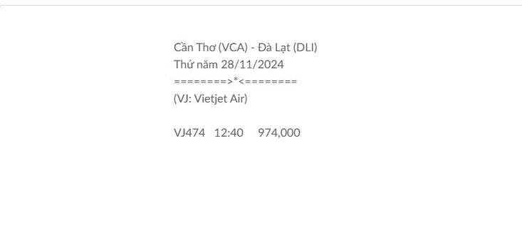 Cần Thơ (VCA) - Đà Lạt (DLI) Thứ năm 28/11/2024 cung ngay