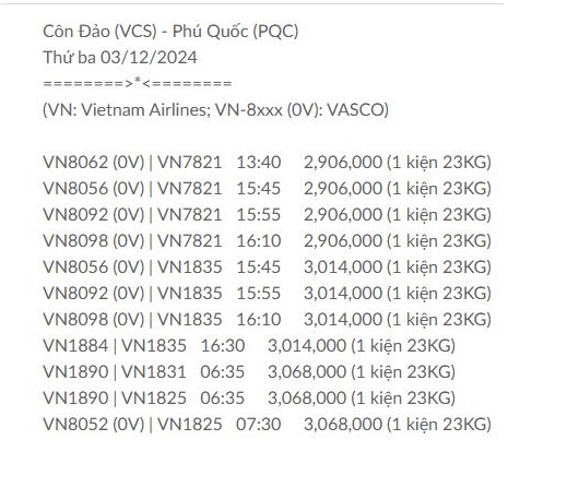 Côn Đảo (VCS) - Phú Quốc (PQC) Thứ ba 03/12/2024