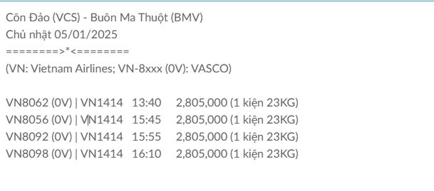 Côn Đảo (VCS) - Buôn Ma Thuột (BMV) Thứ năm 05/12/2024