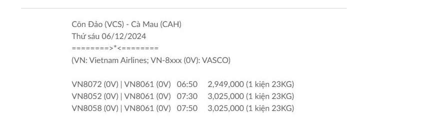 Côn Đảo (VCS) - Cần Thơ (VCA) Thứ bảy 07/12/2024