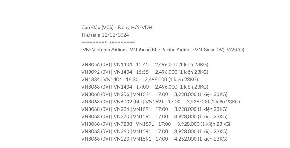 Côn Đảo (VCS) - Đồng Hới (VDH) Thứ năm 12/12/2024