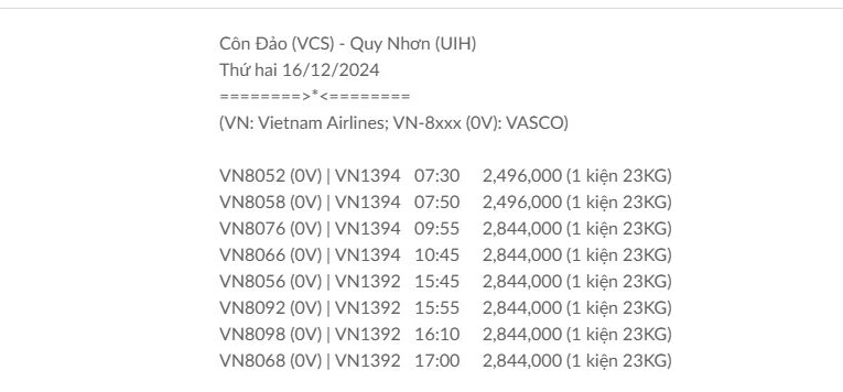 Côn Đảo (VCS) - Quy Nhơn (UIH) Thứ hai 16/12/2024