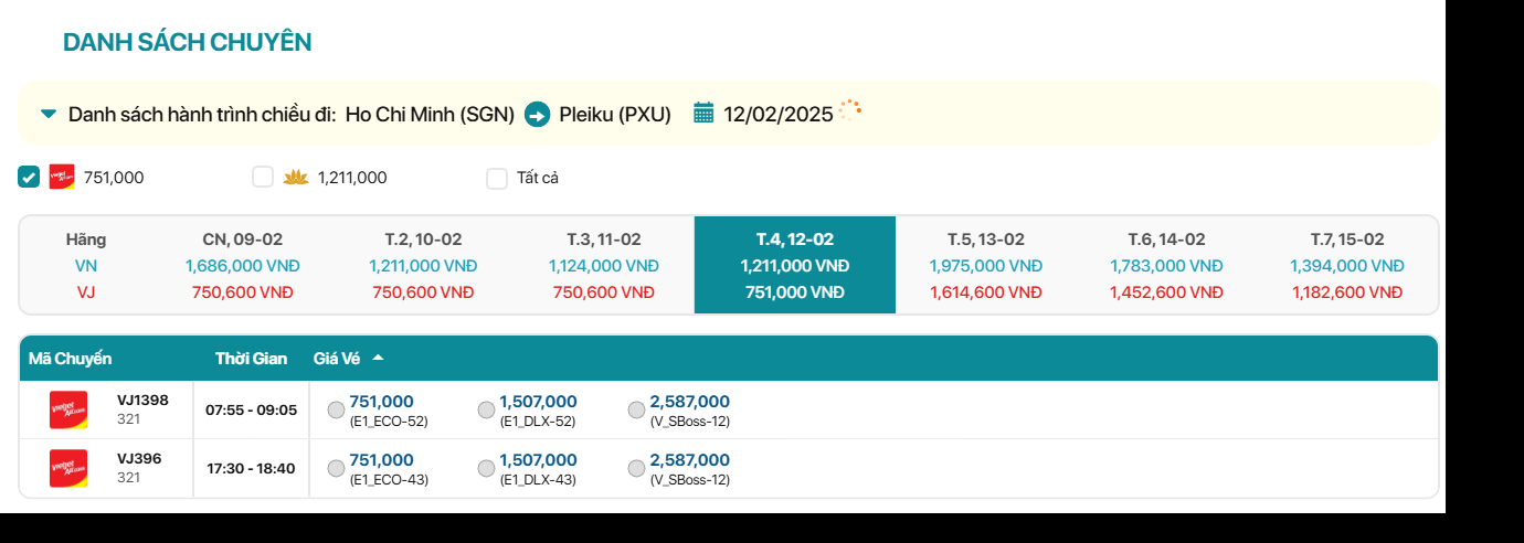 Hồ Chí Minh - Pleiku  12/02/2025