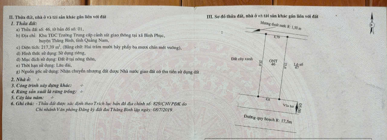cần bán mảnh đất tại xã Bình Phục, huyện Thăng Bình, Quảng Nam