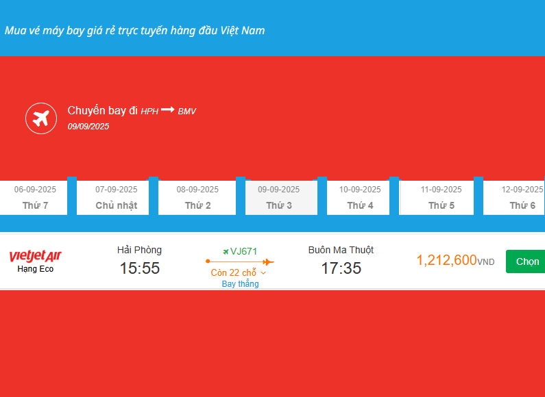 Hải Phòng - Buôn Ma Thuột 09/09/2025
