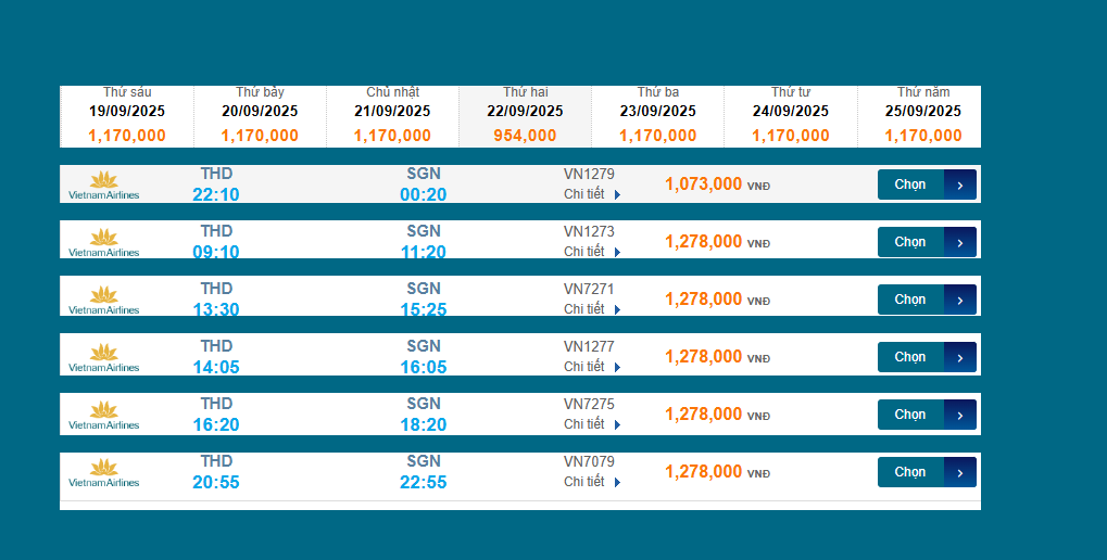 Thọ Xuân (THD) - Tân Sơn Nhất (SGN) 22/09/2025