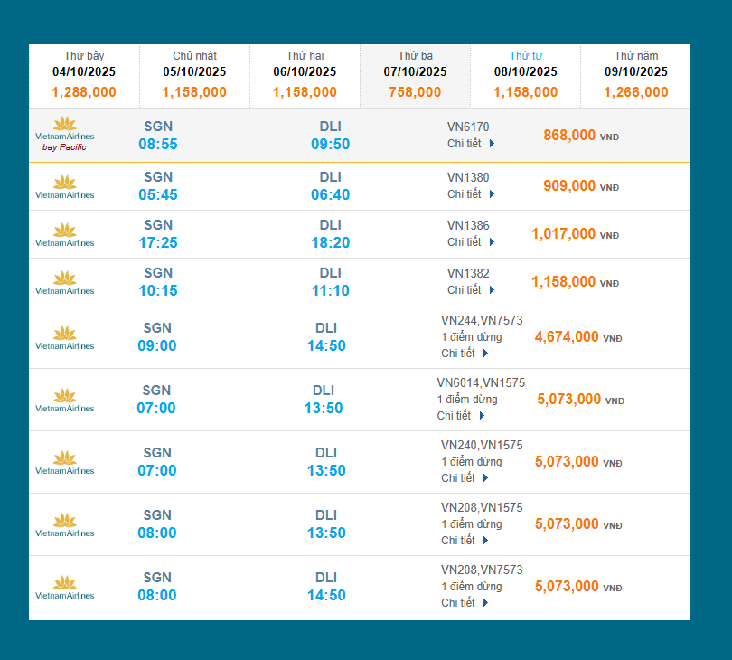 Tân Sơn Nhất (SGN) - Liên Khương (DLI) 07/10/2025