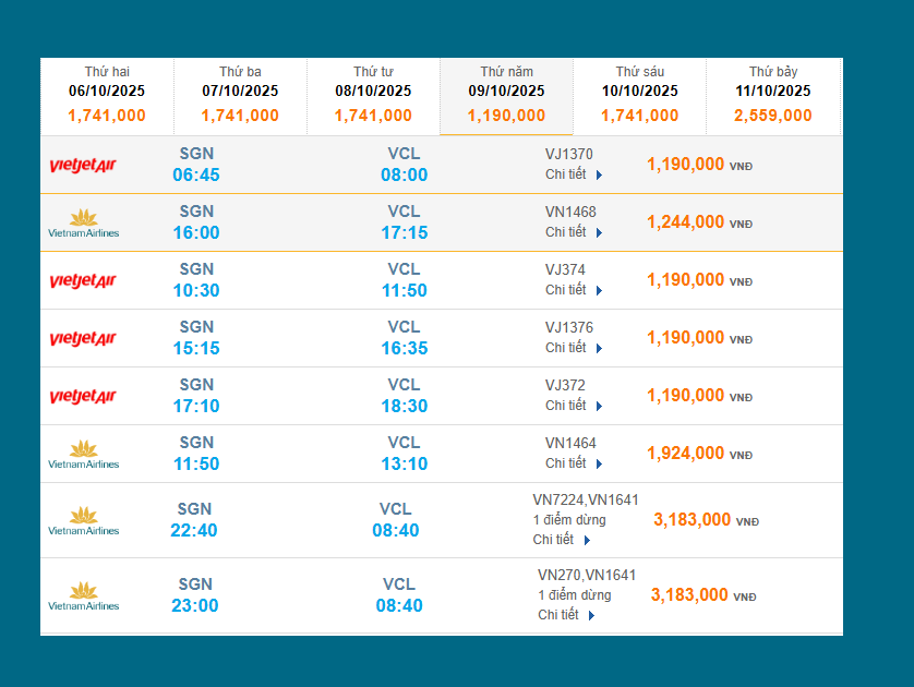 Tân Sơn Nhất (SGN) - Chu Lai (VCL) 09/10/2025