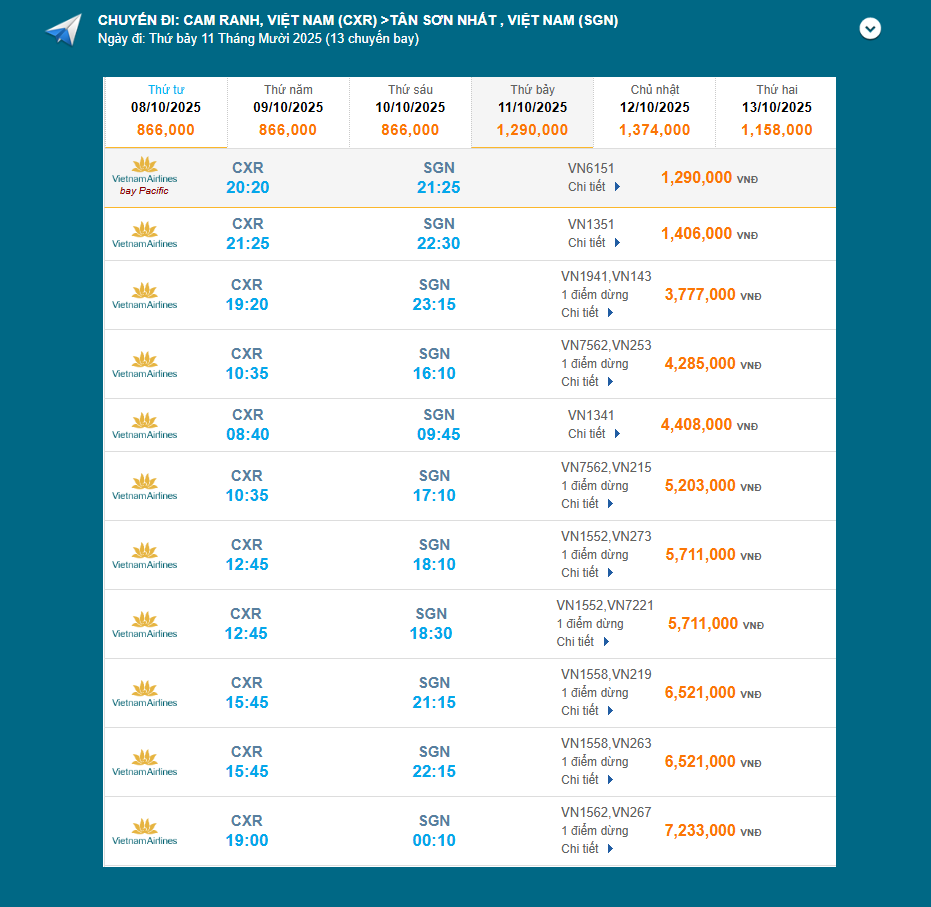 Cam Ranh (CXR) - Tân Sơn Nhất (SGN) 11/10/2025