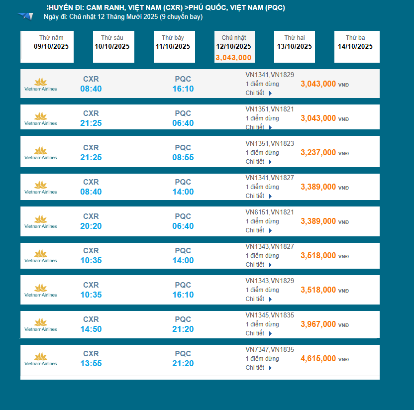 Cam Ranh (CXR) - Phú Quốc (PQC) 12/10/2025