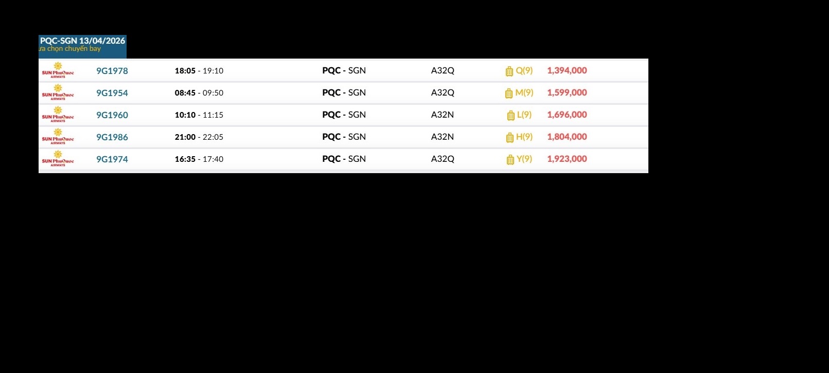 Phú Quốc (PQC) - TP. Hồ Chí Minh (SGN) Thứ hai 13/04/2026